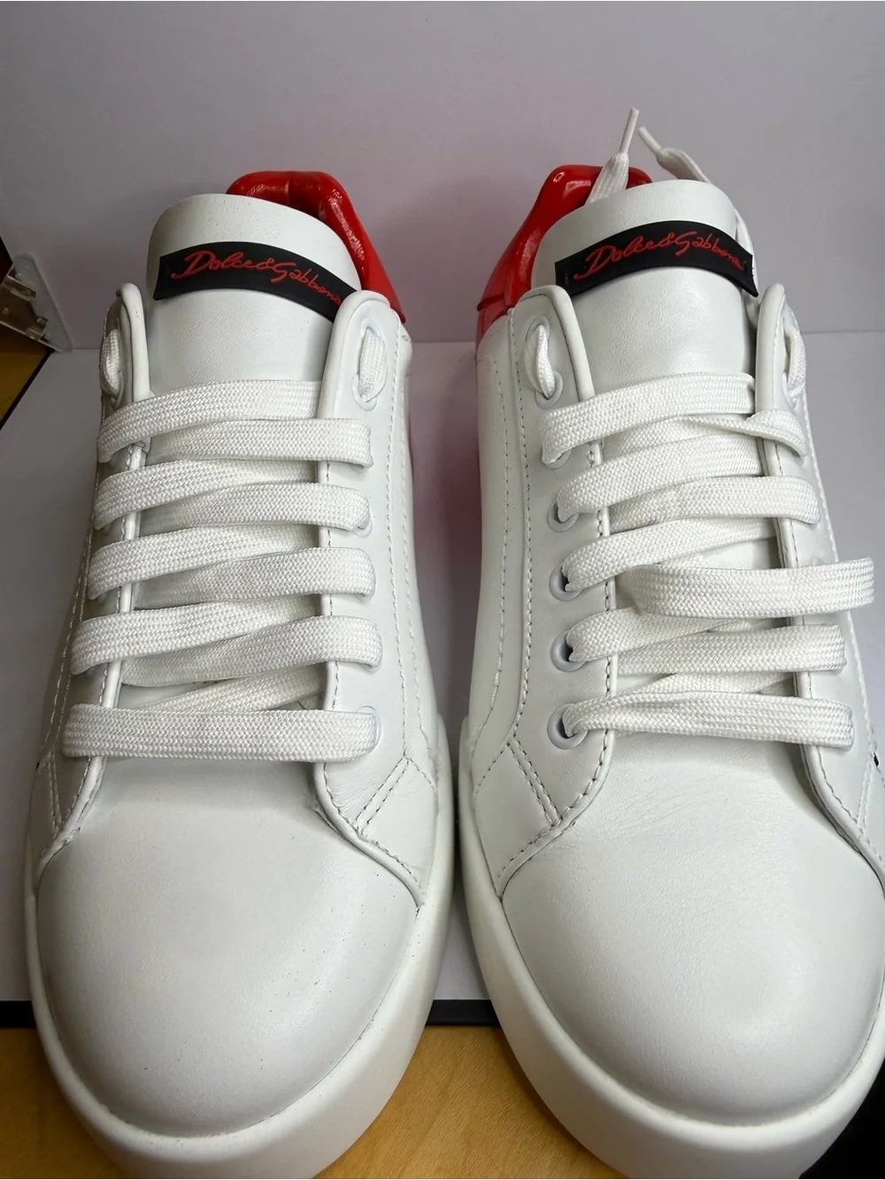 Dolce & Gabbana White Leather Sneakers with Black Script and Red patent Heel Tab
